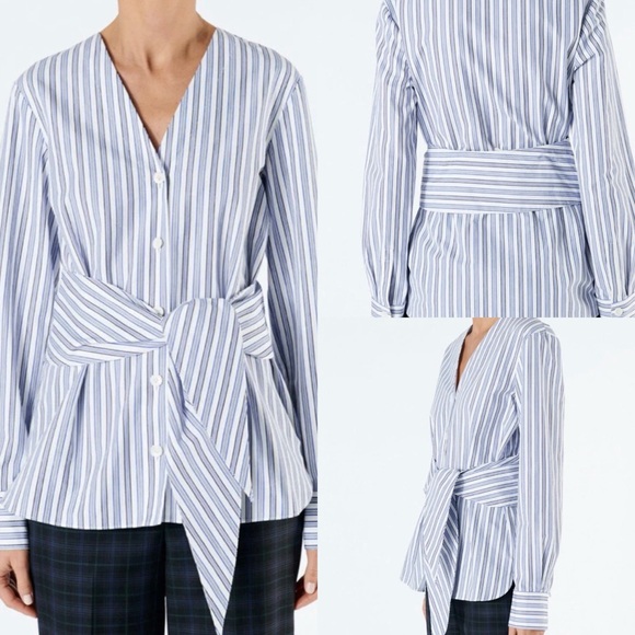 TIBI Liam Stripe V-Neck Shirt with Removable Tie Nautical White/Blue Size Sz 10 - Picture 1 of 15